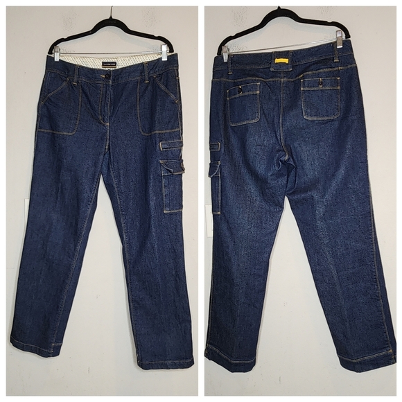 Lands' End Lined Cargo Jeans Darkwash Straight 7 Pockets Size 14 - Picture 3 of 16